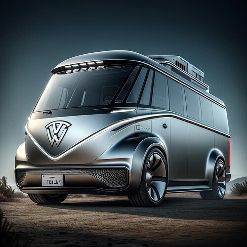 DALL·E 2024-01-26 21.25.32 - A further refined version of the Cybertruck_VW Bus hybrid camper, emphasizing an even sharper, more pronounced front nose similar to the Cybertruck's