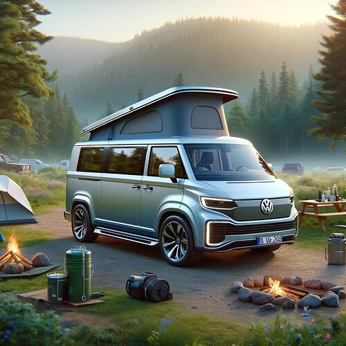 DALL·E 2024-01-26 20.48.36 - A photorealistic image of a modern 2020 Volkswagen bus camper with a pop-up roof. The bus is parked in a picturesque camping site, surrounded by natur